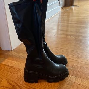 Faux Leather Chunky Knee High Chelsea Boot